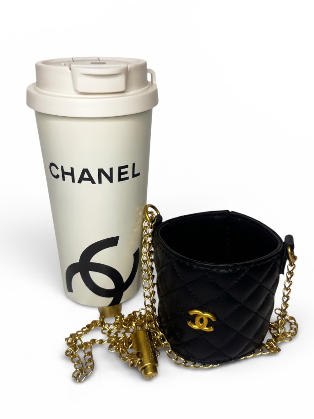 Tumbler Black Quilted Leather Mini Bucket with Gold and Chain
